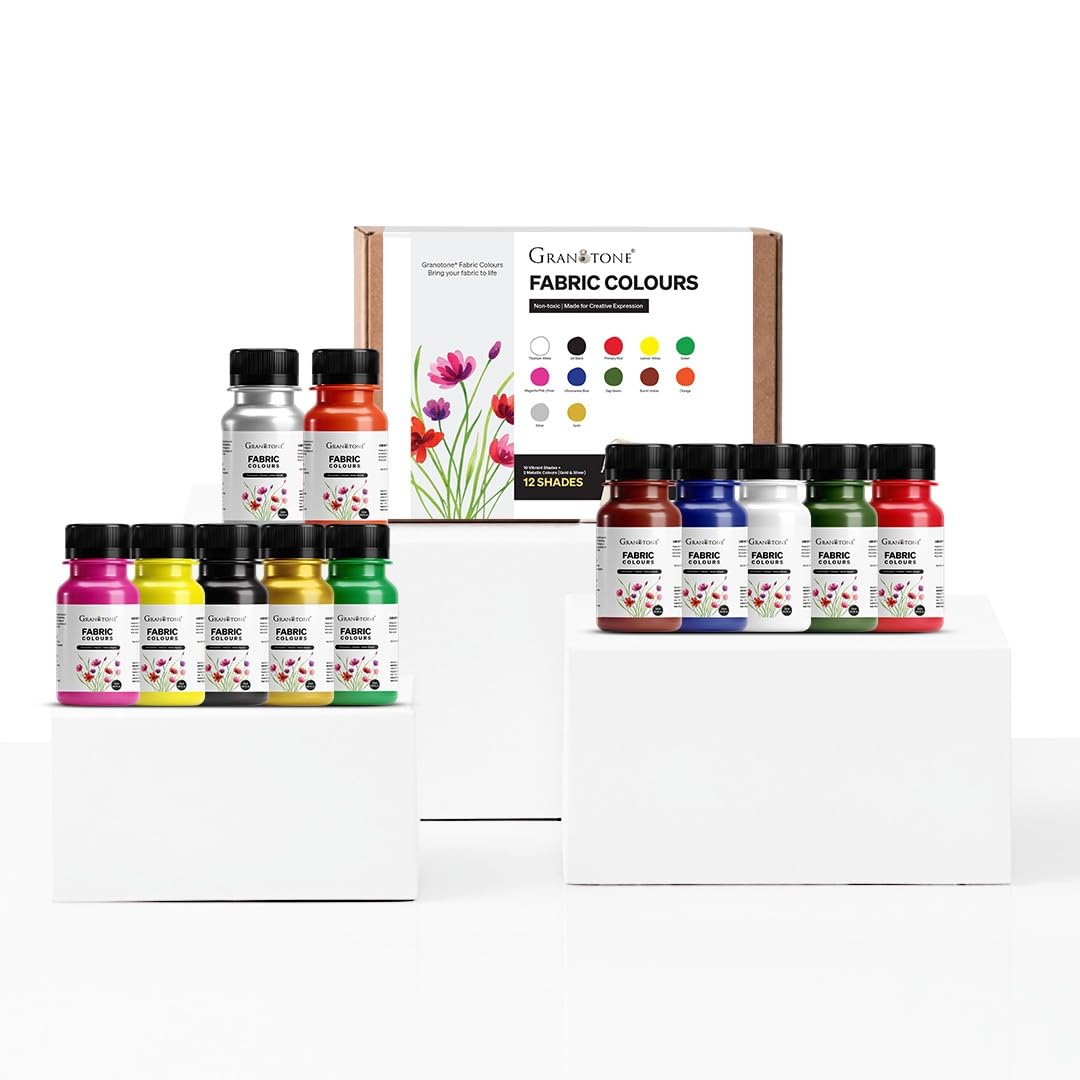 GRANOTONE Fabric Paint Kit, Set of 12 Colours, 50 ml Each, 10 Vibrant and 2 Metallic Gold Silver Shades, Non Toxic, with Free Drawstring Pouch, for DIY Art