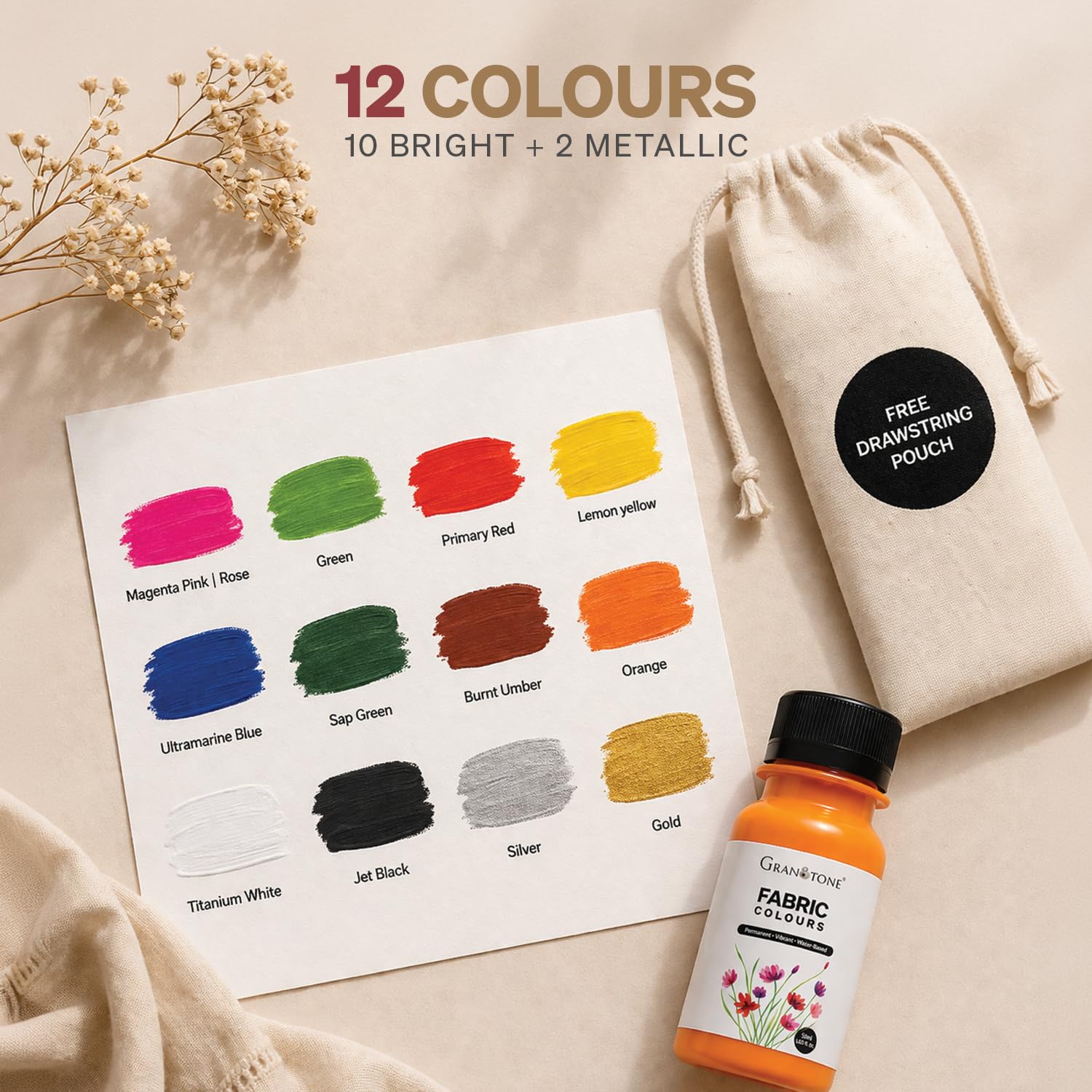 GRANOTONE Fabric Paint Kit, Set of 12 Colours, 50 ml Each, 10 Vibrant and 2 Metallic Gold Silver Shades, Non Toxic, with Free Drawstring Pouch, for DIY Art
