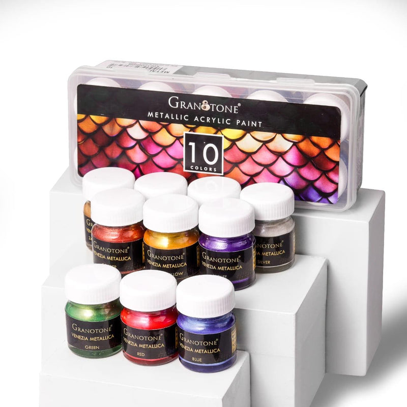 GRANOTONE Venezia Metallica Colors Kit - 10 Vibrant Water-Based, Non-Toxic Shades with Shimmering Effect, 15ml Each - Perfect for Artists & Crafters