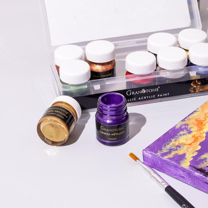 GRANOTONE Venezia Metallica Colors Kit - 10 Vibrant Water-Based, Non-Toxic Shades with Shimmering Effect, 15ml Each - Perfect for Artists & Crafters