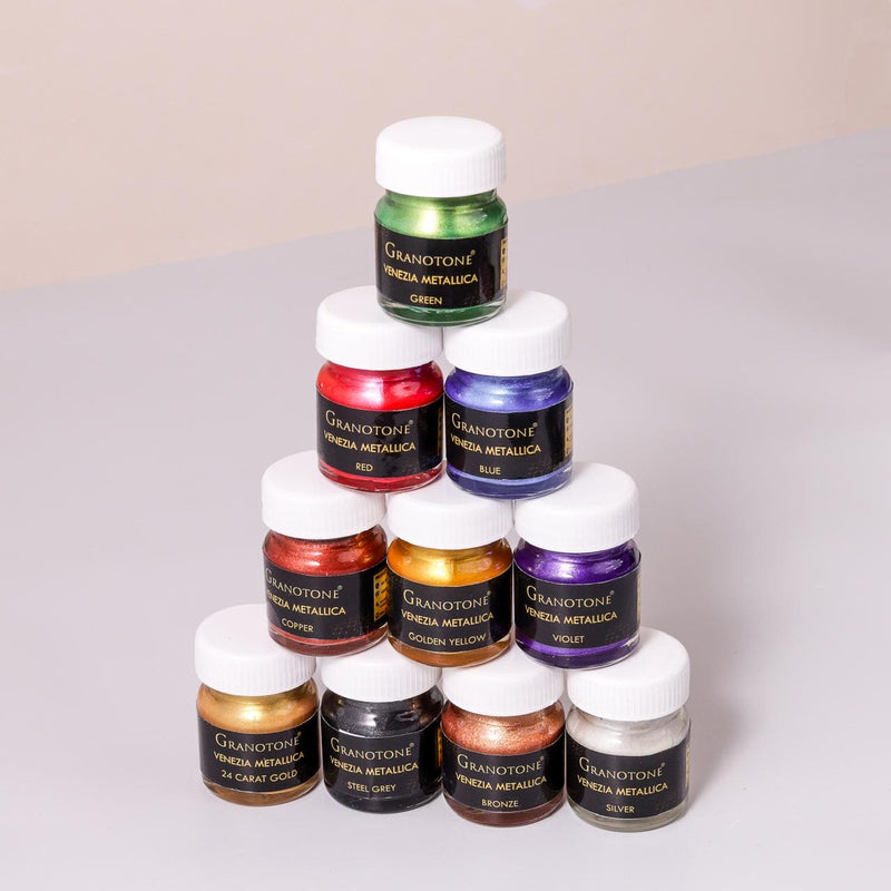 GRANOTONE Venezia Metallica Colors Kit - 10 Vibrant Water-Based, Non-Toxic Shades with Shimmering Effect, 15ml Each - Perfect for Artists & Crafters