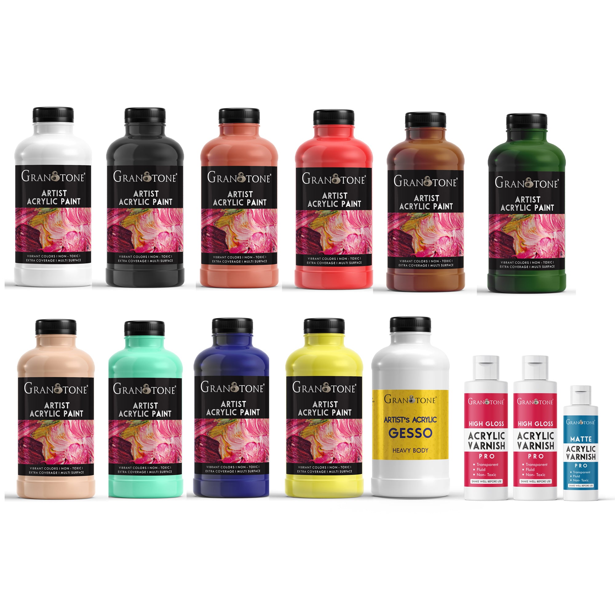 Granotone Acrylic Painting Set | 10 x 500 ml Colors + 500 ml White Gesso + Gloss & Matte Varnish | Professional Artist Bundle