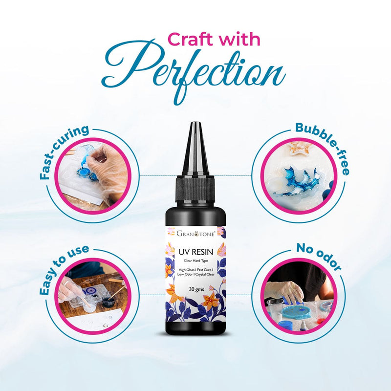 Granotone - Clear UV Resin Hard | High Gloss UV Resin Kit | Fast Curing Solar Activated Glue | Transparent, Low Viscosity | Bubble-Free | Non-Yellowing 10 GMS