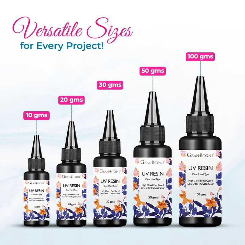 Granotone - Clear UV Resin Hard | High Gloss UV Resin Kit | Fast Curing Solar Activated Glue | Transparent, Low Viscosity | Bubble-Free | Non-Yellowing 10 GMS
