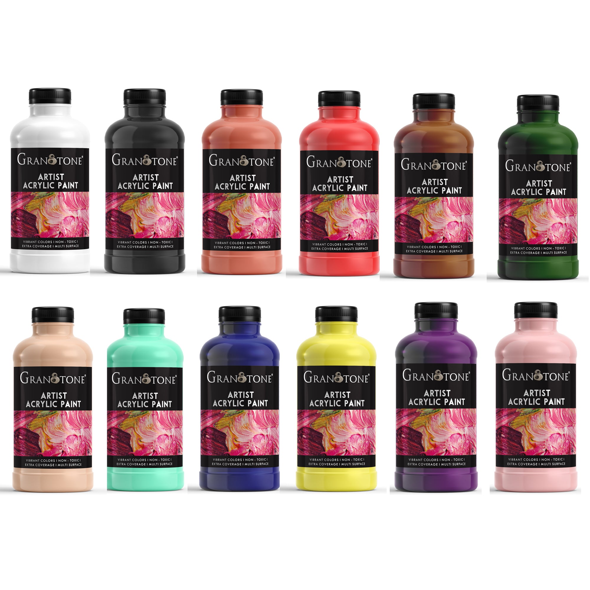 Granotone Acrylic Colors Set of 12 | 500 ml Jars | Premium Artist Paints for Canvas, Paper, Wood & Craft