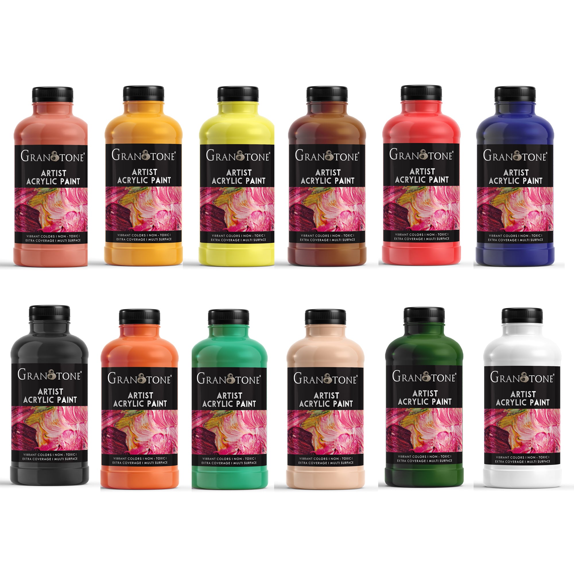 GRANOTONE Acrylic Paint Set - 12 Primary Colors, 17 oz Each | Non-Toxic Student Acrylics for Artists, Kids & Hobbyists | Ideal for Painting & Crafting | Vibrant & Safe Art Supplies | Made in India