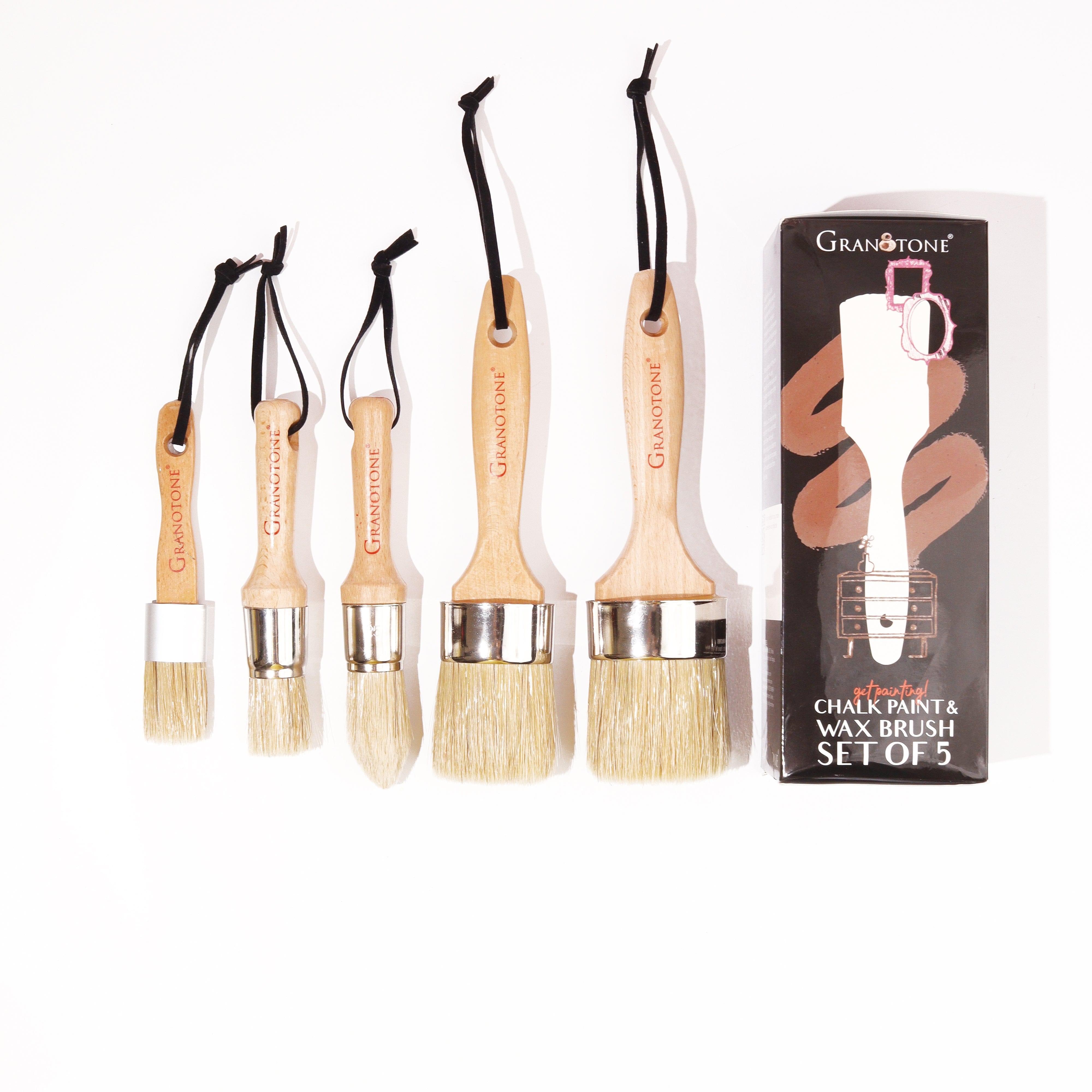 Granotone Chalk and Wax Paint Brush Set, 5Pcs Painting Brush Set with Natural Bristles & Wooden Handle, Paint Brushes for Wood Furniture Home Decor, Set of 2 Round, 2 Flat & 1 Pointed Brush
