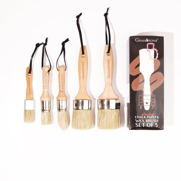 Granotone Chalk and Wax Paint Brush Set, 5Pcs Painting Brush Set with Natural Bristles & Wooden Handle, Paint Brushes for Wood Furniture Home Decor, Set of 2 Round, 2 Flat & 1 Pointed Brush